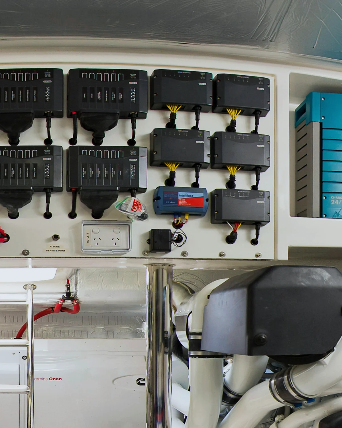 CZone digital switching modules and Mastervolt charging in a launch engine room